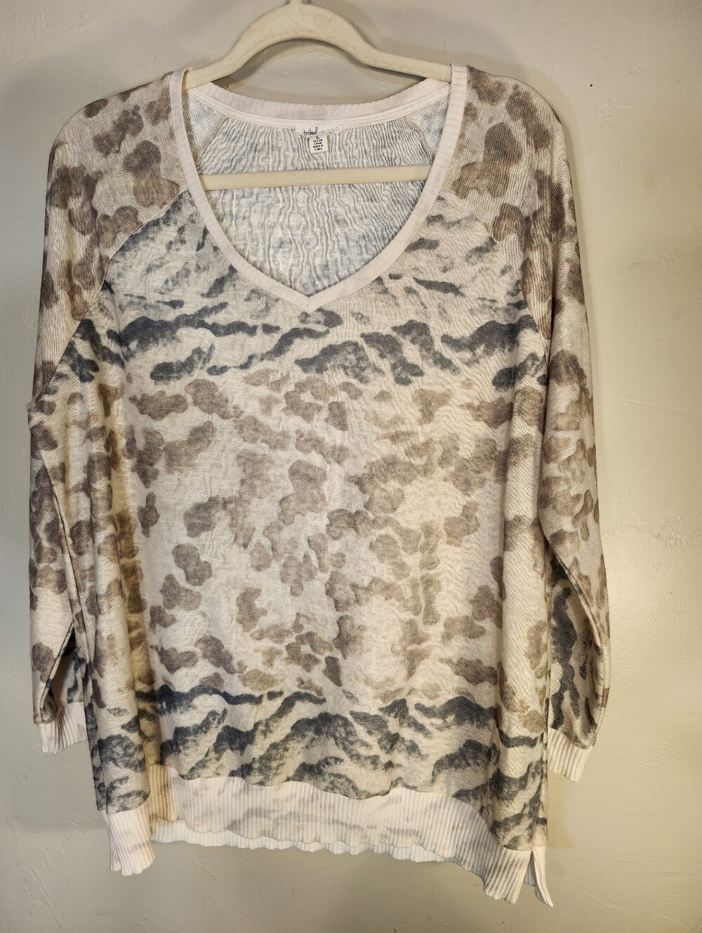 Tribal So Soft V-Neck Lightweight Pullover Sweater in Neutral Camo Oversized